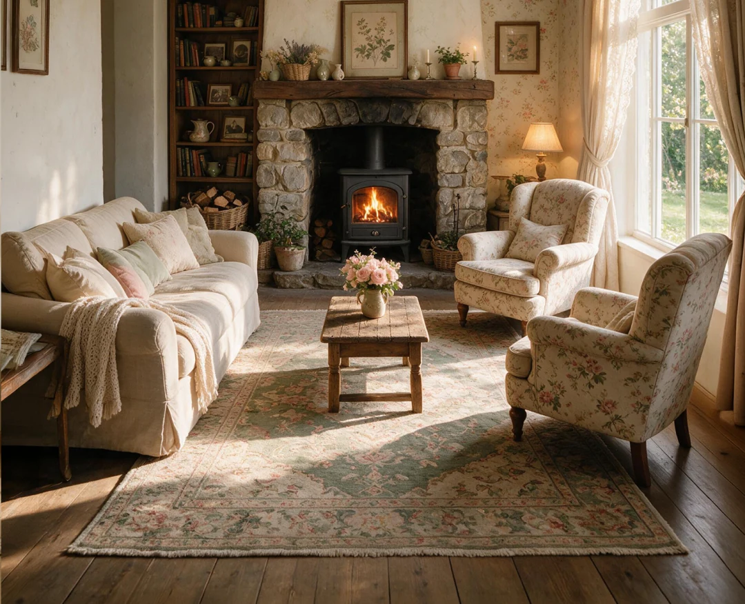 The same living room redesigned in the Cottage style