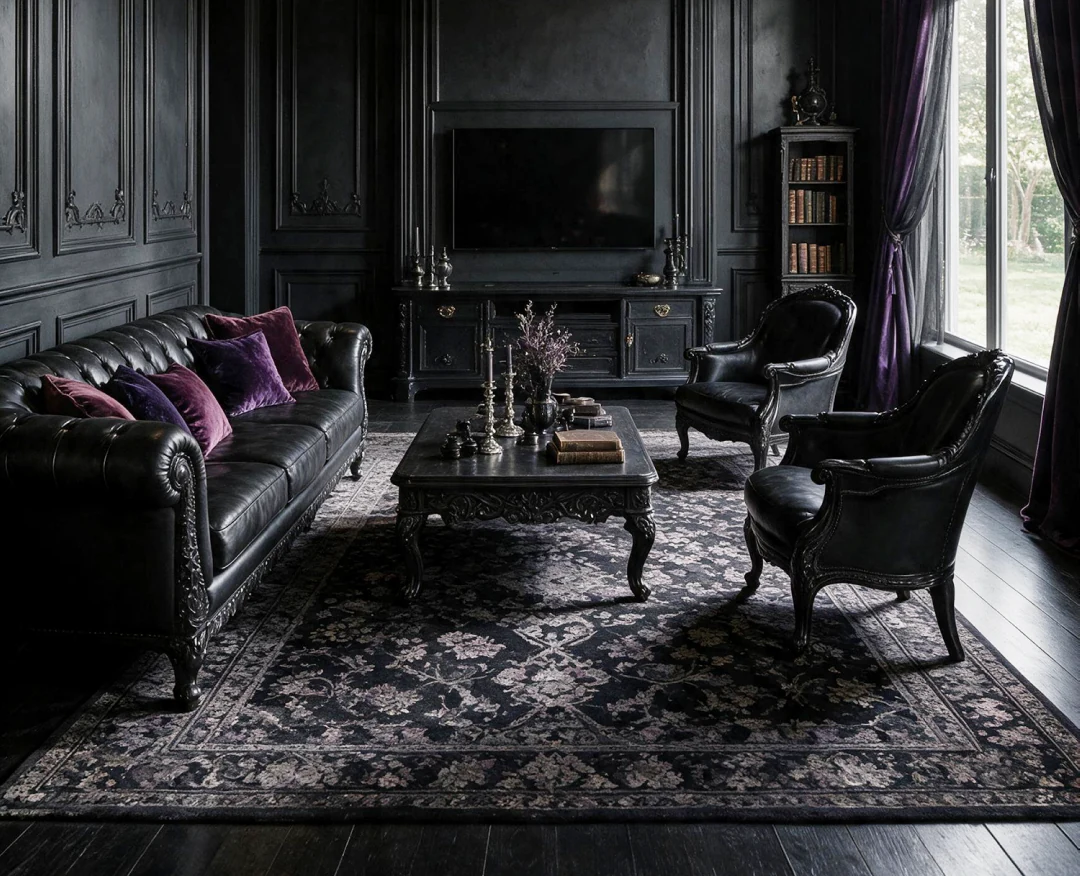 The same living room redesigned in the Dark Academia style